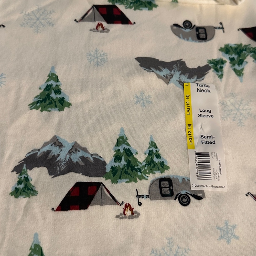 NWT Time & Tru white long sleeve turtleneck with nature and camping theme